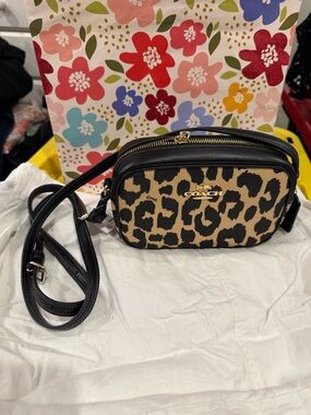 Coach Leopard Print Crossbody Bag in Black and Tan